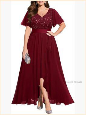 Plus Size Sequin Lace Chiffon A-Line Maxi Dress with Slit - Formal Evening